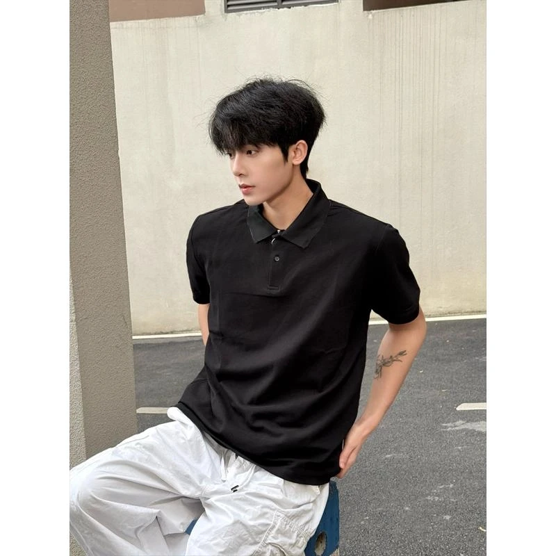 纯黑色正肩短袖polo衫夏季成熟稳重男装痞帅翻领t恤重磅半袖上衣