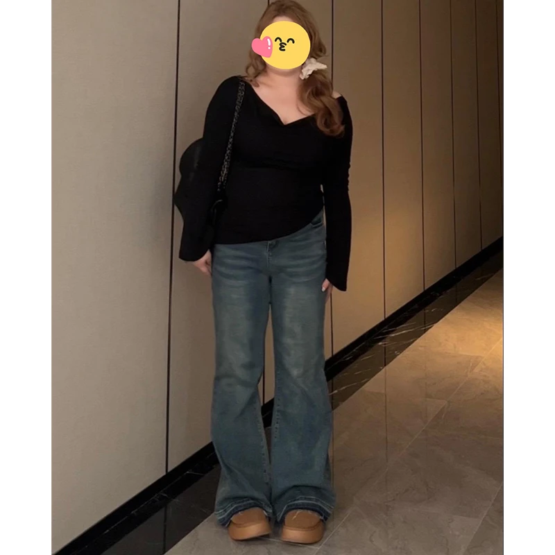 美式复古做旧微喇裤2025早秋季新款宽松显瘦大码高腰喇叭牛仔裤子