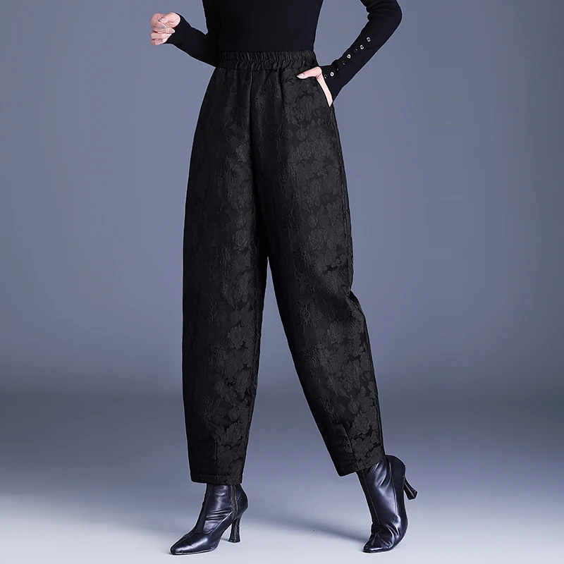 加绒加厚提花哈伦裤女2025秋冬新款高档浮雕休闲九分阔腿裤花苞裤