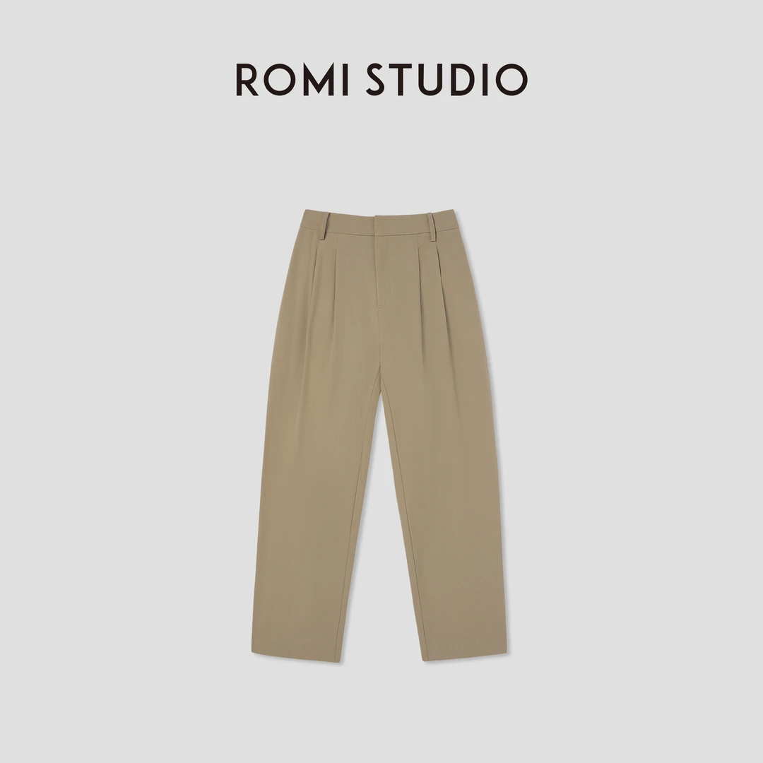 ROMI STUDIO卡其色直筒休闲裤女高腰显瘦棉质宽裤子L224P213