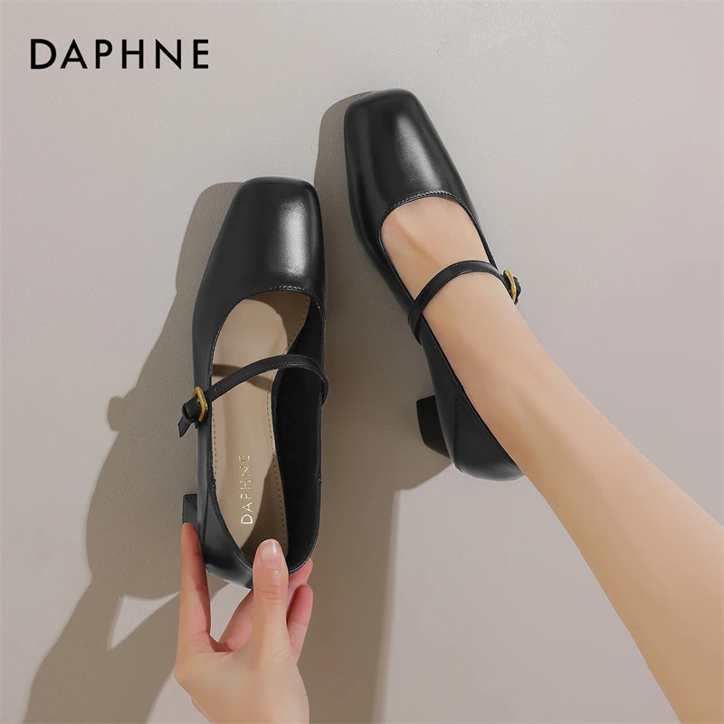 达芙妮法式玛丽珍女鞋春季女士皮鞋配裙子浅口方头单鞋通勤高跟鞋