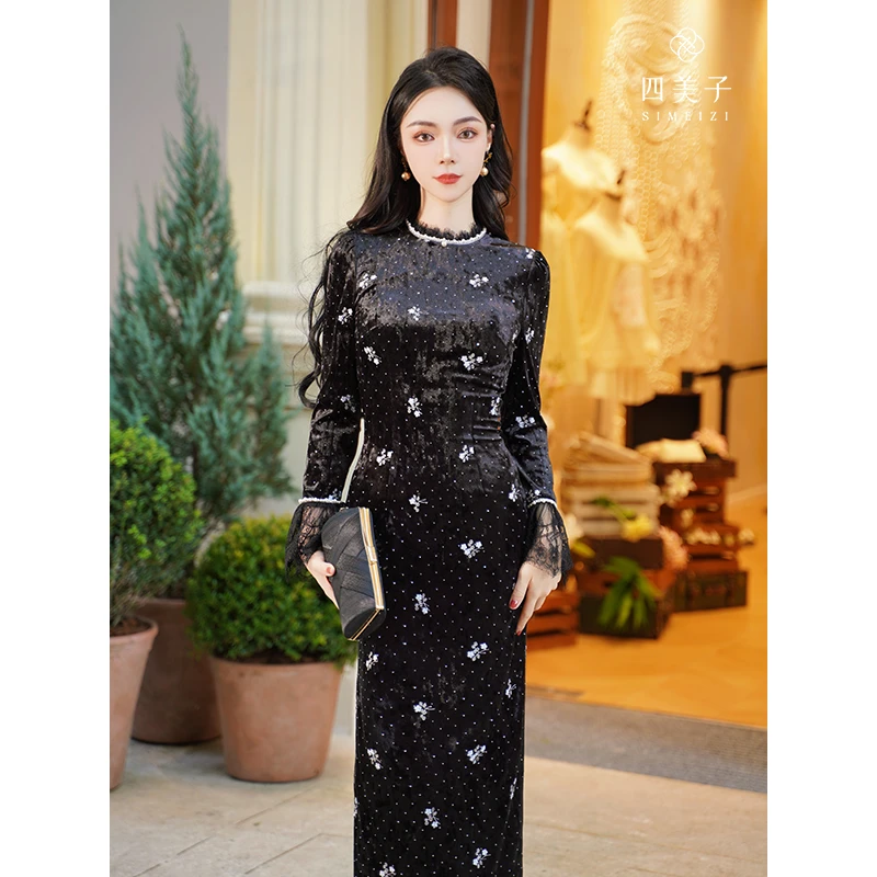 四美子【邀月光】秋季新款新中式显瘦刺绣黑色礼服改良旗袍连衣裙