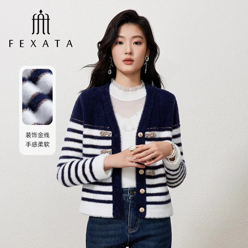 【诗语专属】FEXATA斐格思条纹毛绒针织开衫短外套