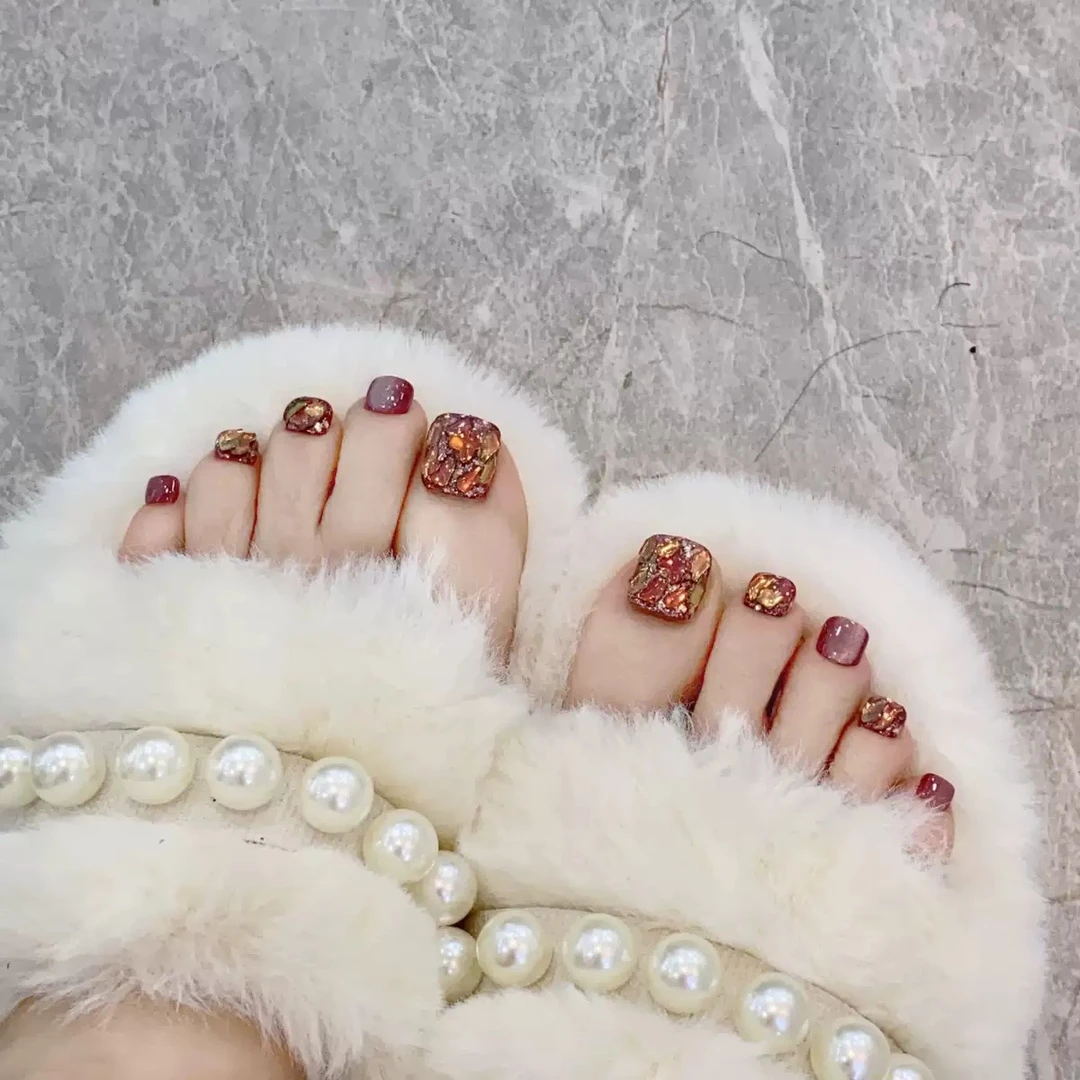【14片脚甲】显白紫红猫眼美拉德镶钻手工光疗甲片夏日时尚脚指甲
