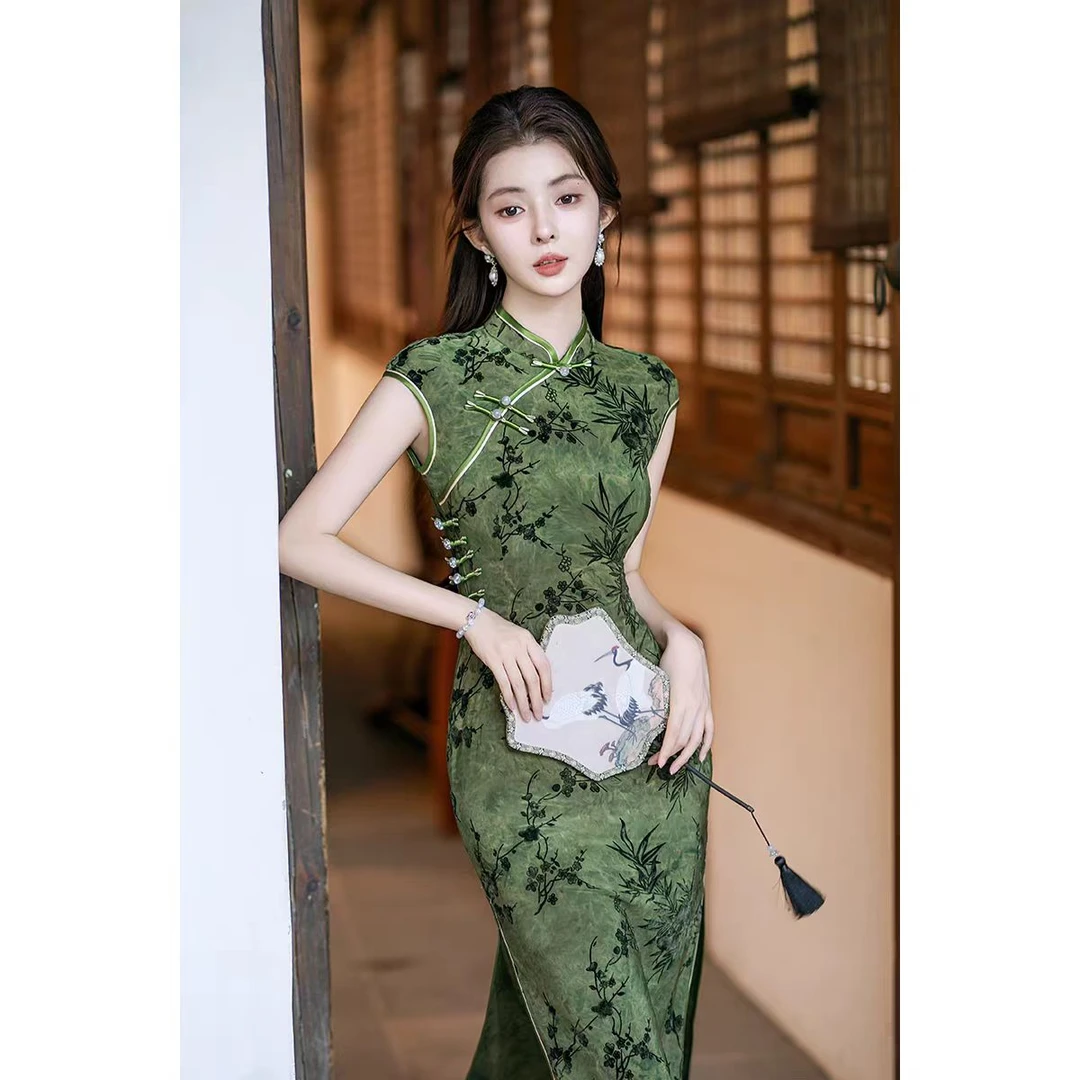 SWM219国风中式长款旗袍澜玫2025新款气质年轻款女复古修身短袖