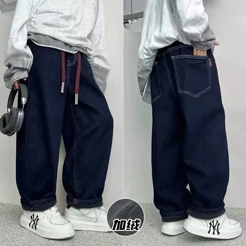 男童加绒裤子冬季牛仔裤加厚2025新款中大童冬款男孩一体绒休闲裤