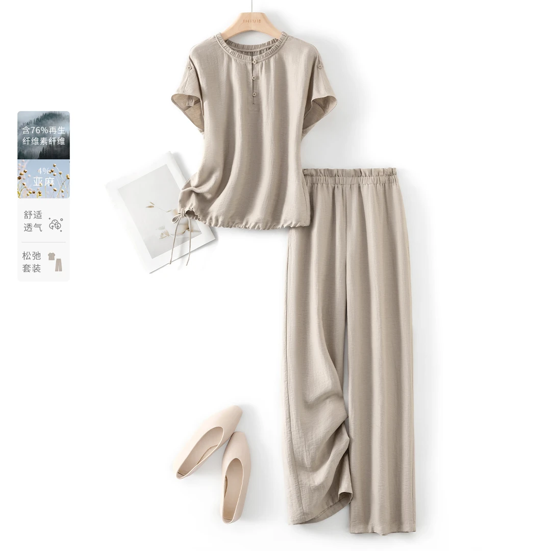 IHIMI/海谧2025年夏季新款女装设计感连袖衬衫九分阔腿裤两件套装