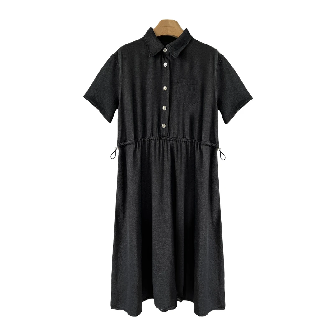 元厂清货 | 蒙氏要=腰间抽绳银色扣饰翻领连衣裙370