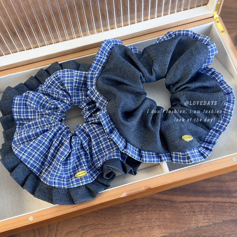 韩版复古学院风牛仔格纹肥肠圈褶皱发圈时尚撞色头花高级感发饰女