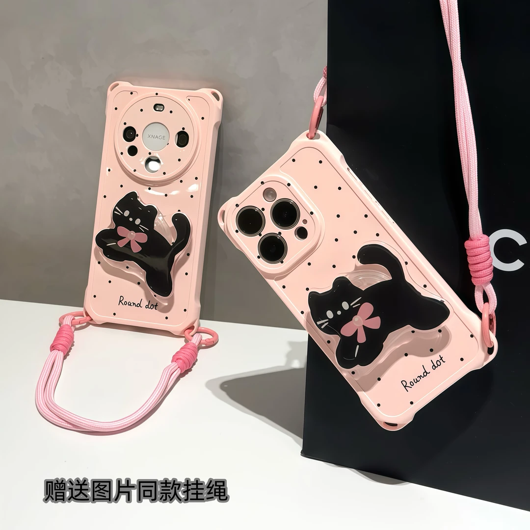 波点黑猫支架双挂绳适用iPhone苹果16手机壳华为p70vivoppo小米15