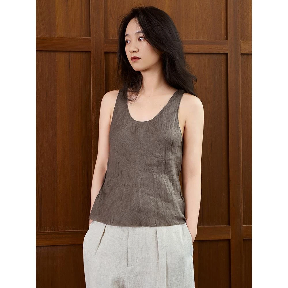 ziilam枝蓝 斜裁修身背心苎麻无袖内搭打底棕色背心上衣女夏外穿