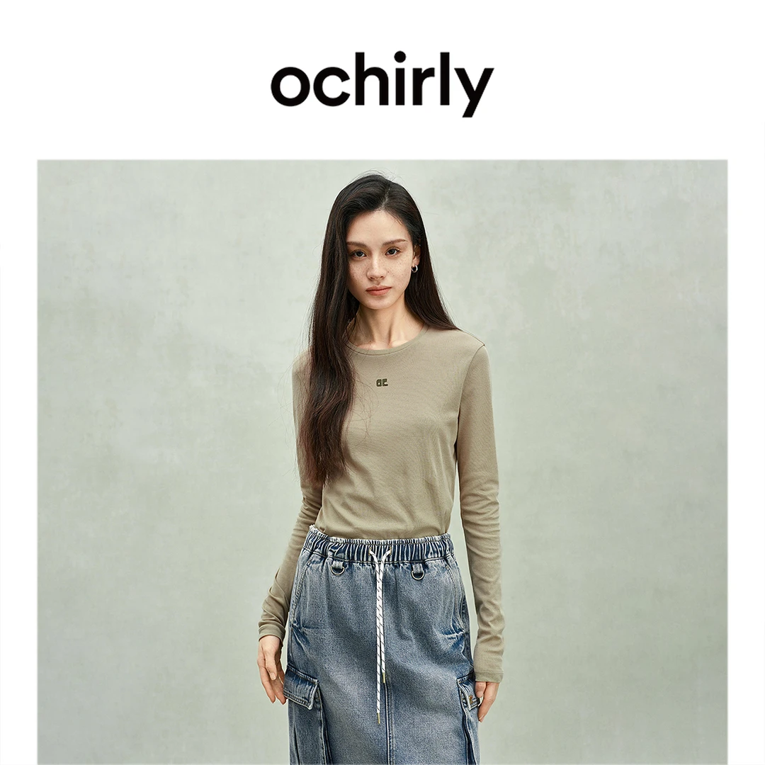 ochirly欧时力轻薄纯棉长袖T恤女上衣外穿简约休闲25春