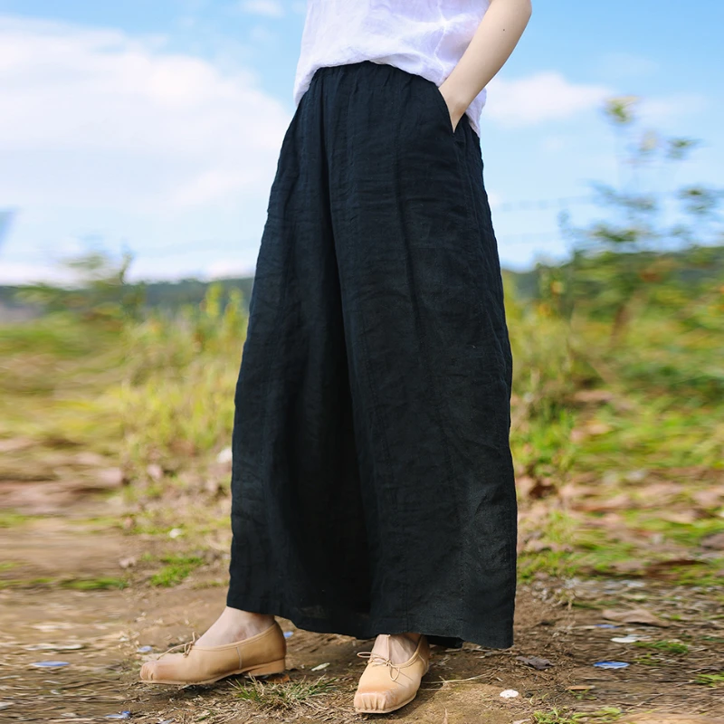 新款色织亚麻天然褶皱感宽松遮肉显瘦休闲裤女裙裤