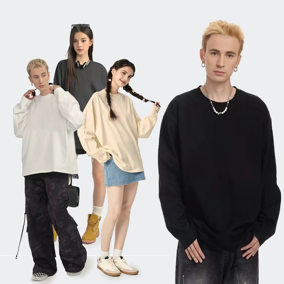 春秋新款260克纯棉潮牌重磅直口纯色情侣长袖C99-260