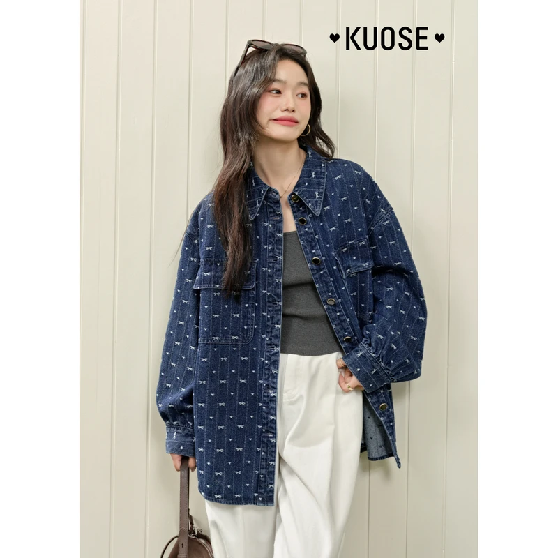 阔色蝴蝶波点衬衫牛仔外套2025春季新宽松提花翻领上衣KSS2502001