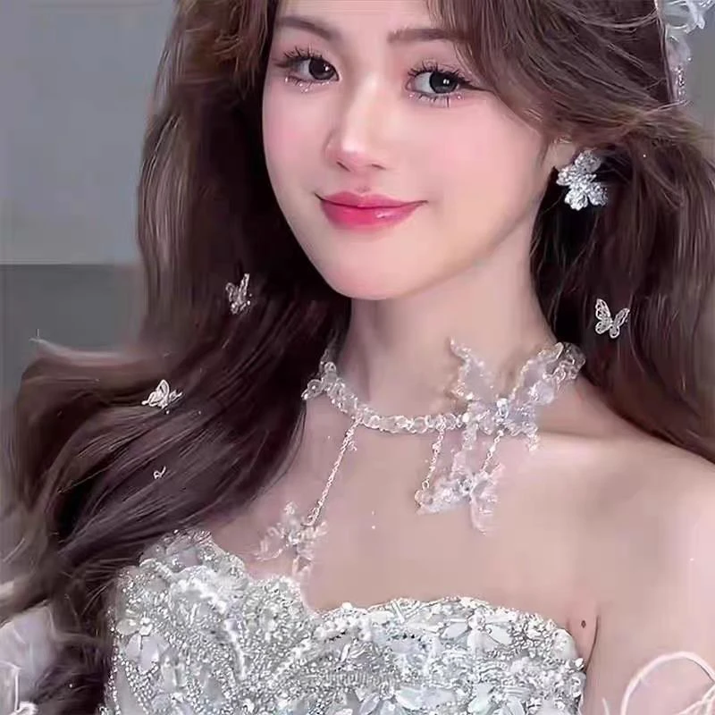 透明蝴蝶婚纱项链高级串珠白纱晚礼服配饰小众独特新娘吊坠颈链