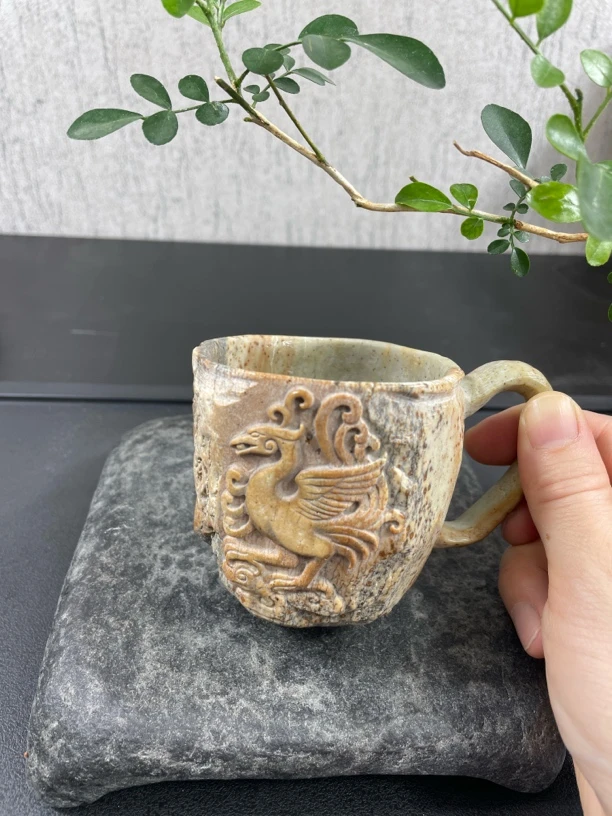 《朱雀杯》天然冰碛岩手工雕刻马克杯 冰碛玉 孤品高端茶器送礼佳品