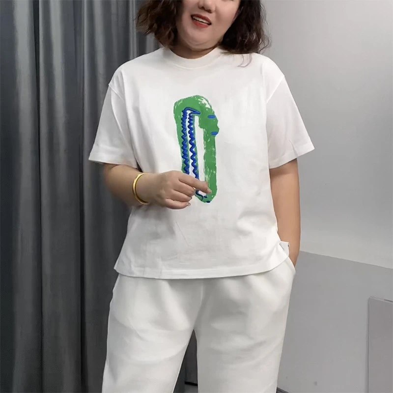 鳄鱼印花刺绣T恤短袖上衣女胖mm宽松大码显瘦春季新款洋气百搭潮