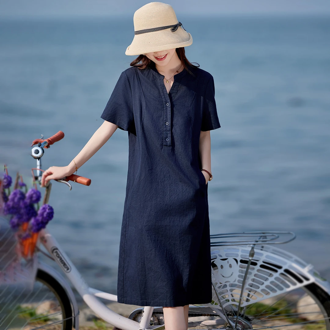 巨好看的亚麻连衣裙女2025夏季流行单品今年爆款微胖妈妈棉麻裙子