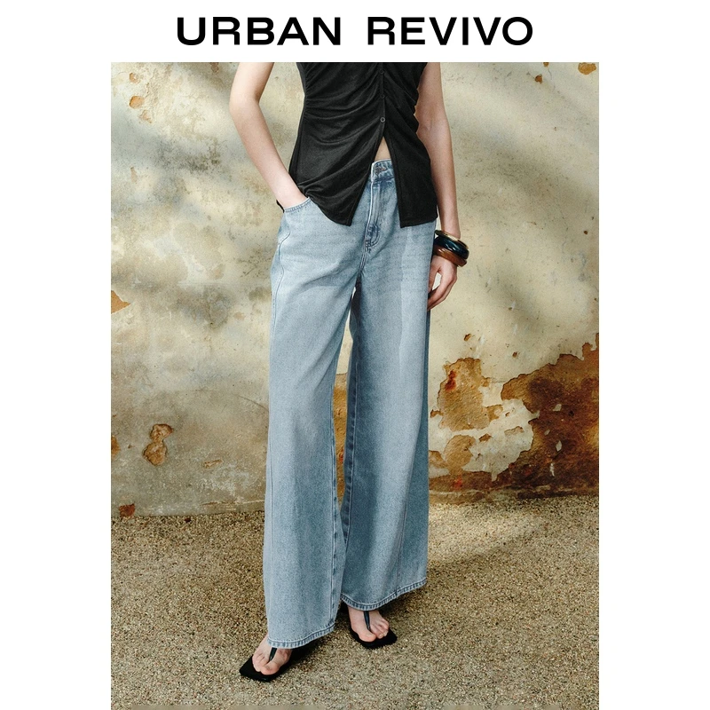 UR2025夏季新款女休闲波嬉风串珠腰带阔腿牛仔长裤UWH850065