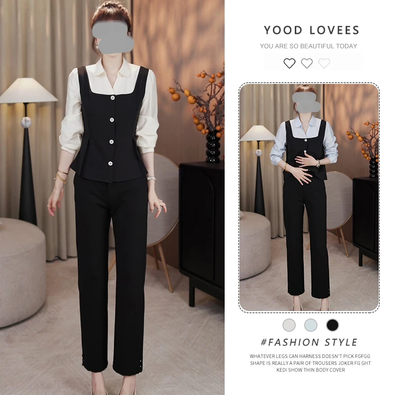 拼接假两件长袖衬衫上衣高腰休闲直筒裤女2025春秋新款显瘦两件套