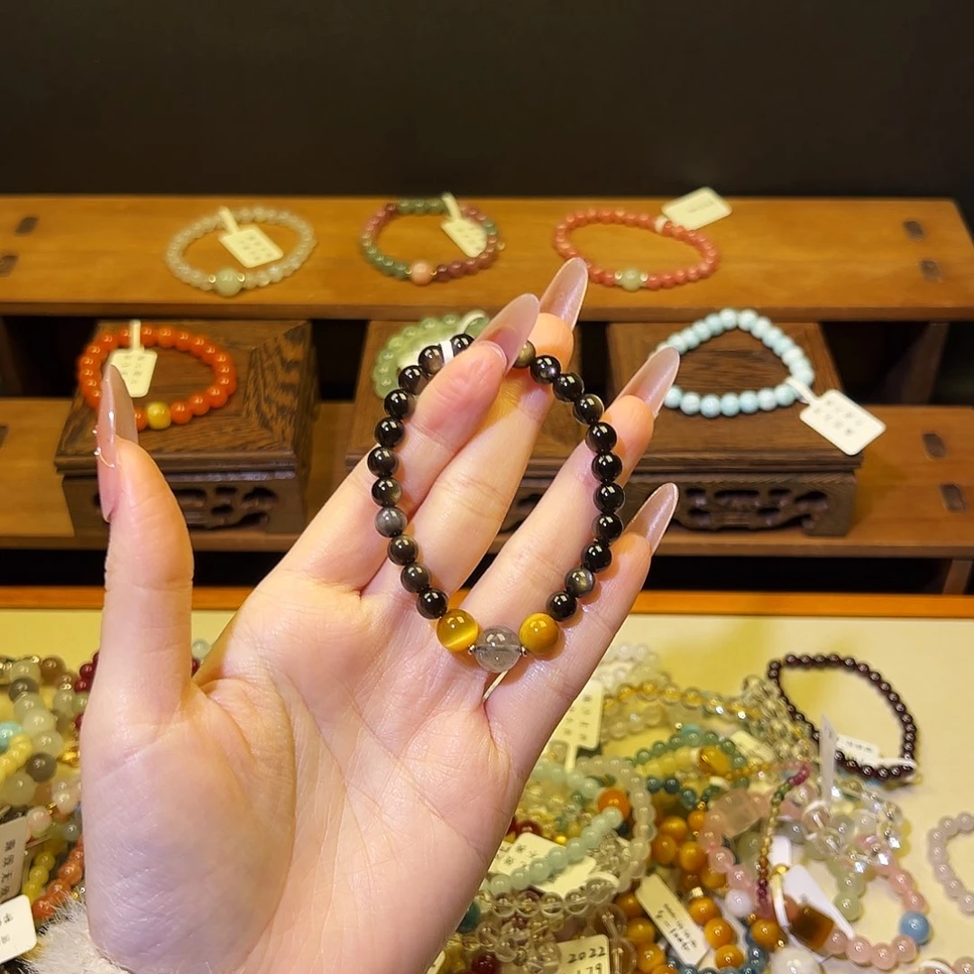 水晶手链银S925镶嵌银曜石1008