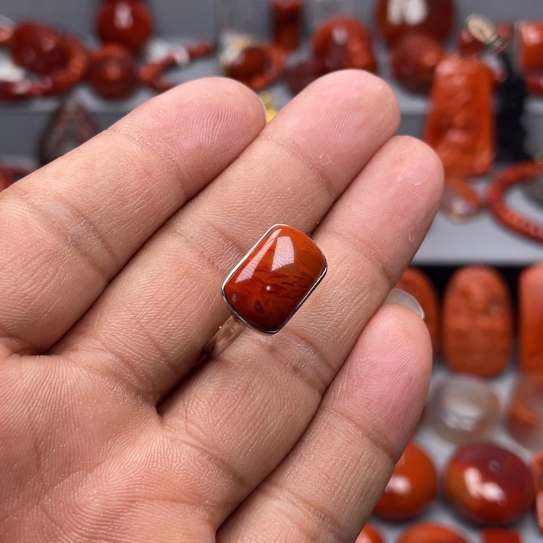南红玛瑙银S925镶嵌珠宝奇石戒指