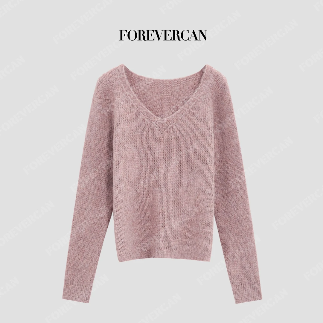 FOREVERCAN“桃运连连”美丽诺羊毛宽松V领针织上衣 CANMY3078D