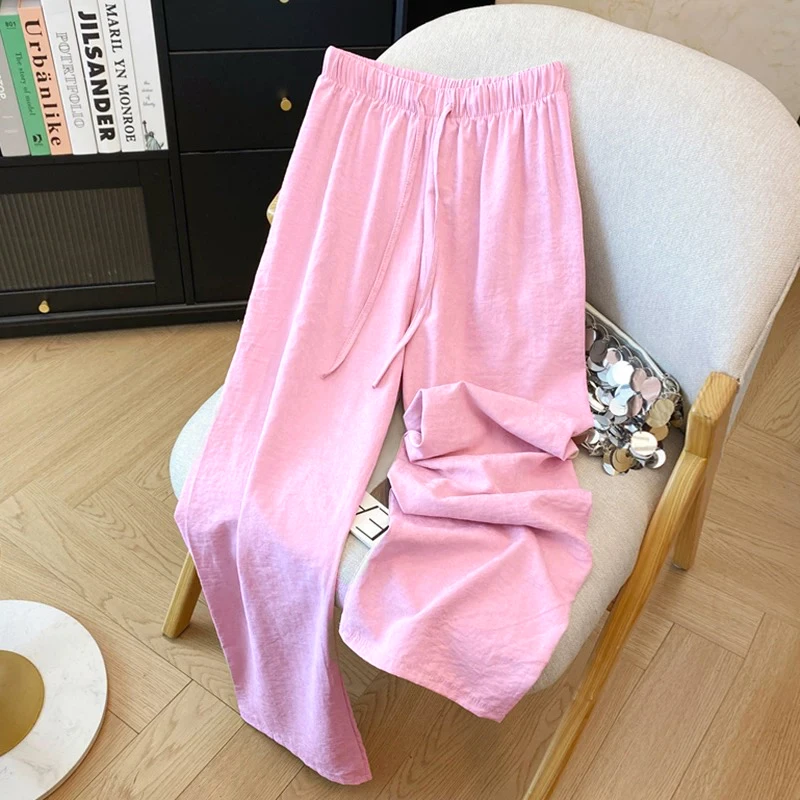 Y5599粉色系带夏季阔腿宽松松紧腰带口袋休闲裤女