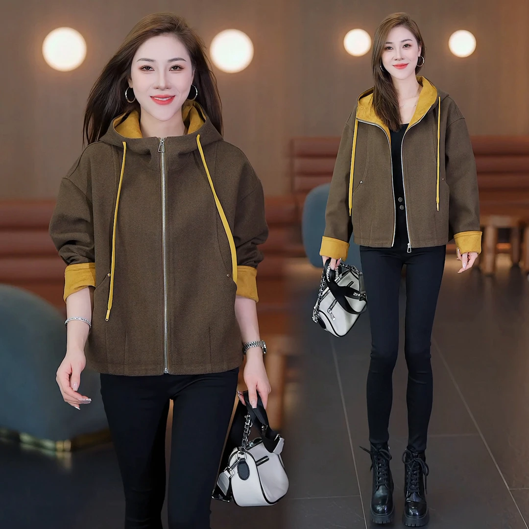 时尚连帽外套女2025秋季新款时髦洋气撞色显瘦小个子短款休闲上衣