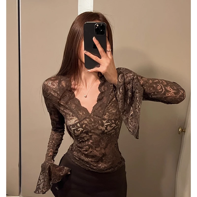 性感辣妹风修身雪纺衫女秋季2025新款蕾丝拼接v领打底衫长袖上衣