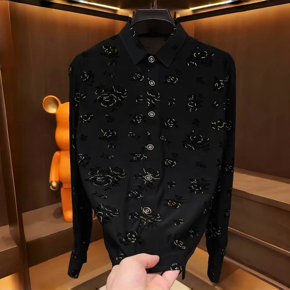 2025春季休闲衬衫男黑金玫瑰长袖轻奢时尚潮流修身商务帅气高品质