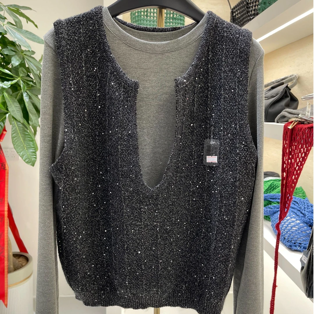 常规款V领常规亮片针织马夹T恤真两件气质秋冬网红女装9739