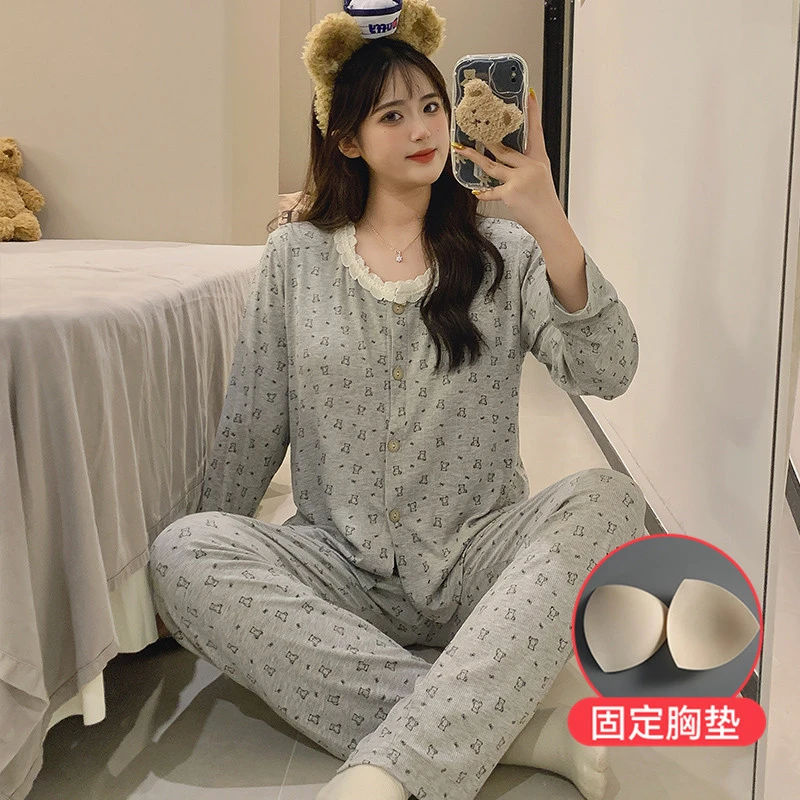 夏季莫代尔睡衣女套装外吸汗透气棉新款带胸垫女士家居服长袖薄款