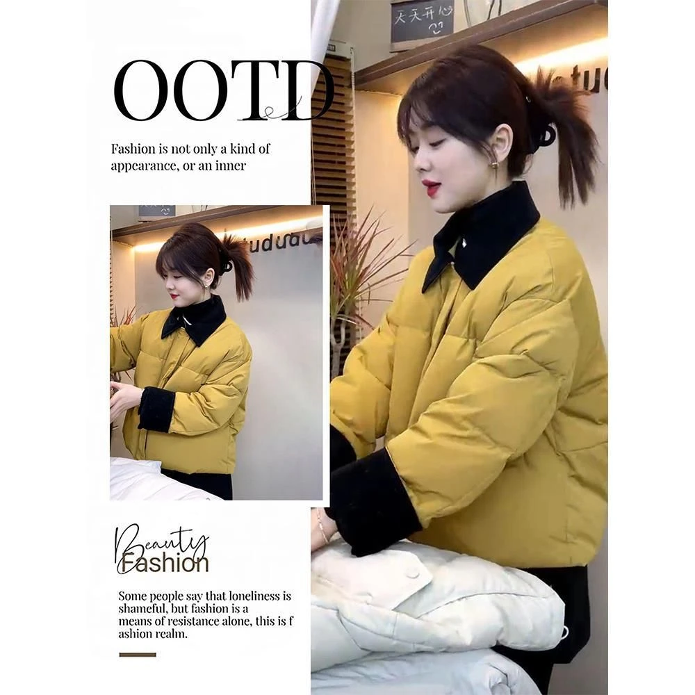 花花公子【店铺热销】韩版设计感复古翻领拼接棉服女2025秋冬新款设