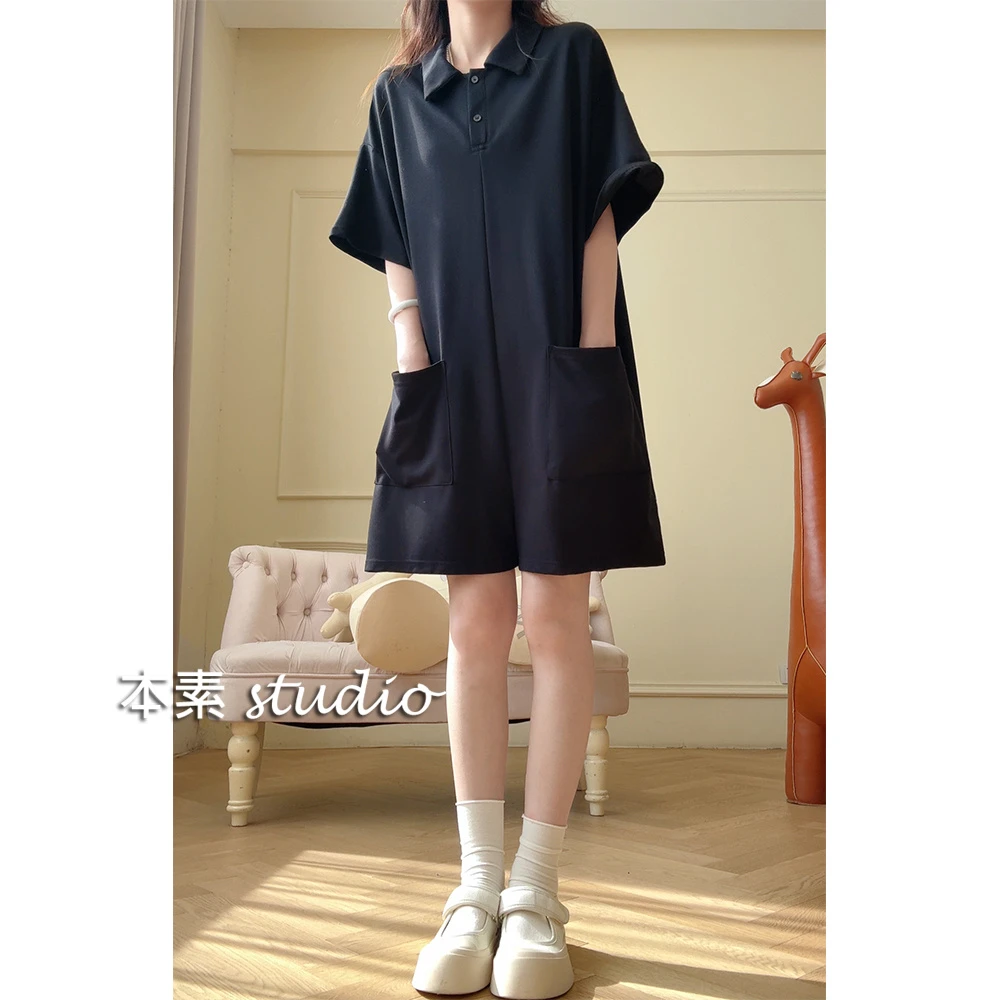 慵懒夏日C4483两粒扣双口袋背后拉链翻领短袖连体裤