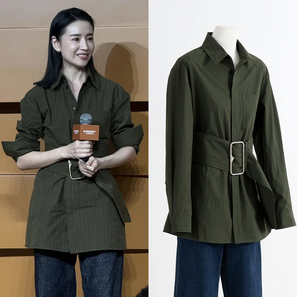 无品牌董洁同款时尚中长款条纹长袖衬衫设计感百搭休闲风衬衣女