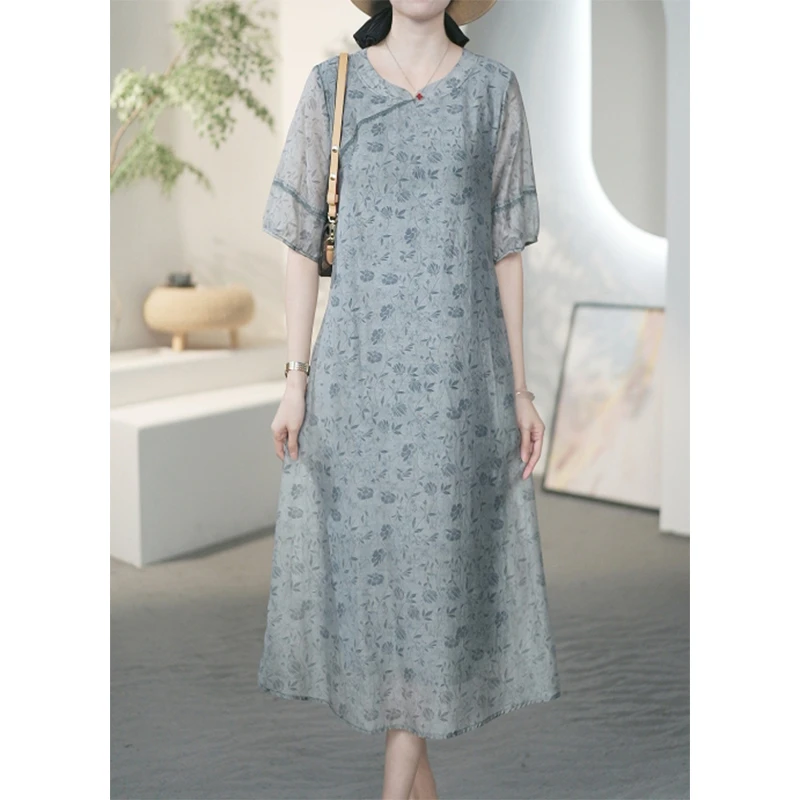 新中式改良旗袍连衣裙女夏季莱赛尔天丝薄款宽松大码长裙子A32202