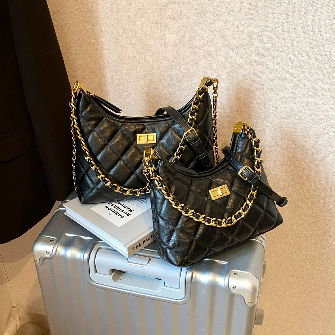 新款菱格绣线链条托特包女洋气复古大容量包百搭高级感单肩斜挎包