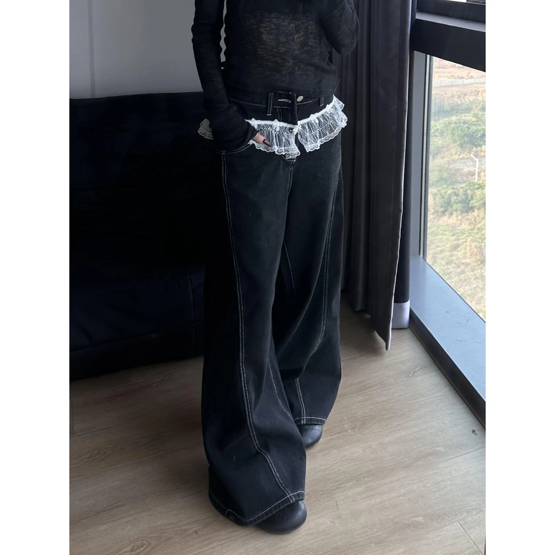 辣妹蕾丝花边拼接深蓝色阔腿牛仔裤女春季高级感宽松显瘦拖地裤子