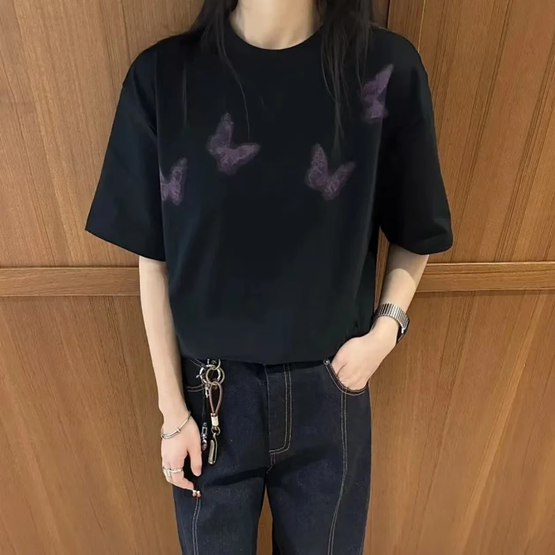 暗黑系蝴蝶纯棉短袖T恤男女小众宽松大码夏季新款美式T欧美上衣服