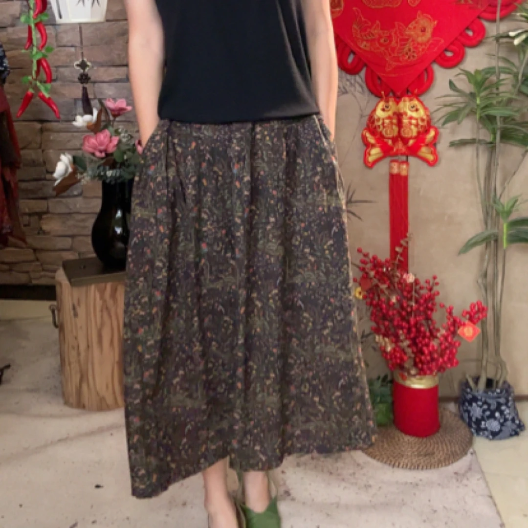 《森林碎花裙》绿色棉麻面料松紧腰女装半裙裙显瘦气质妈妈装1970