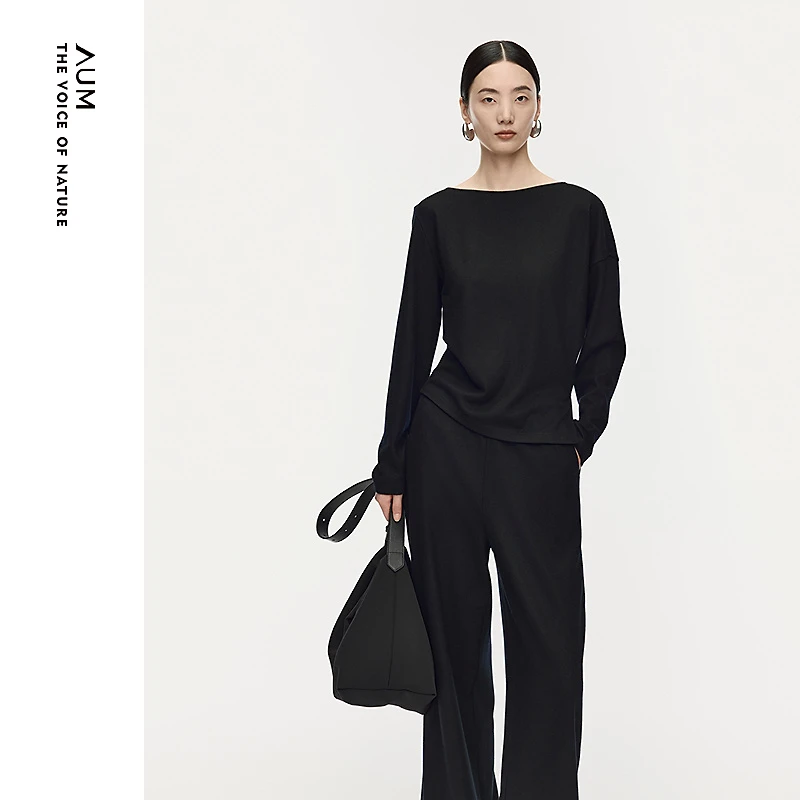 【轻松套装】AUM噢姆2025年冬季新款羊毛收腰黑色上衣T恤M1FZ41541