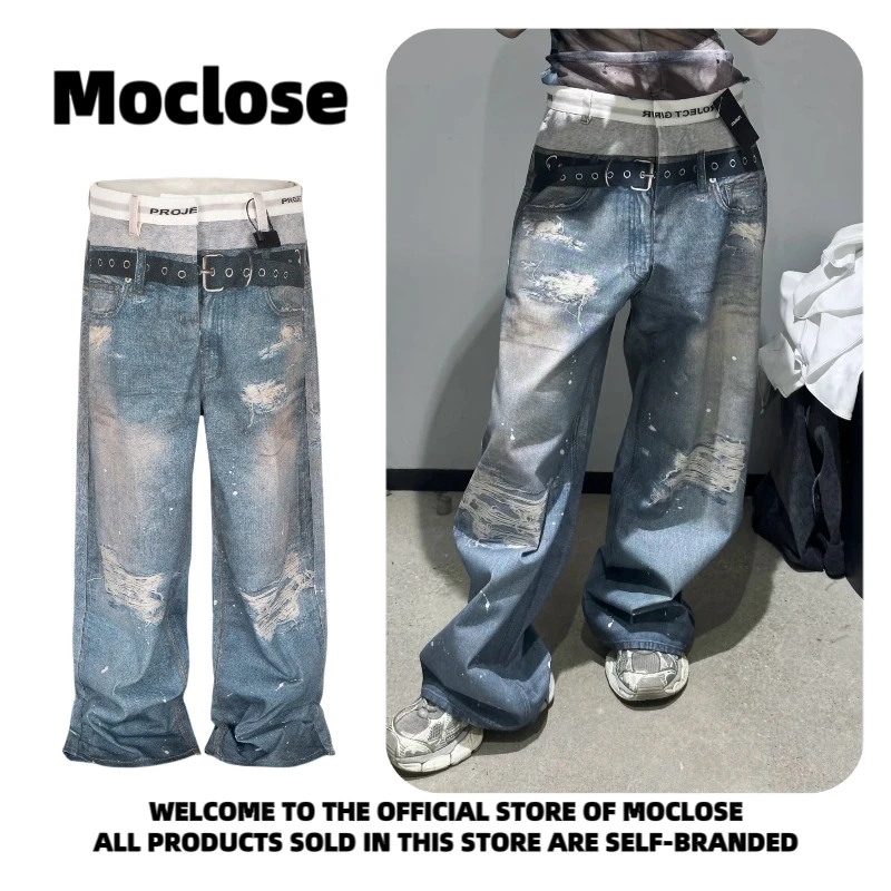 Moclose 美式街头3D假两件恶搞内裤破坏印花男女款宽松直筒牛仔裤