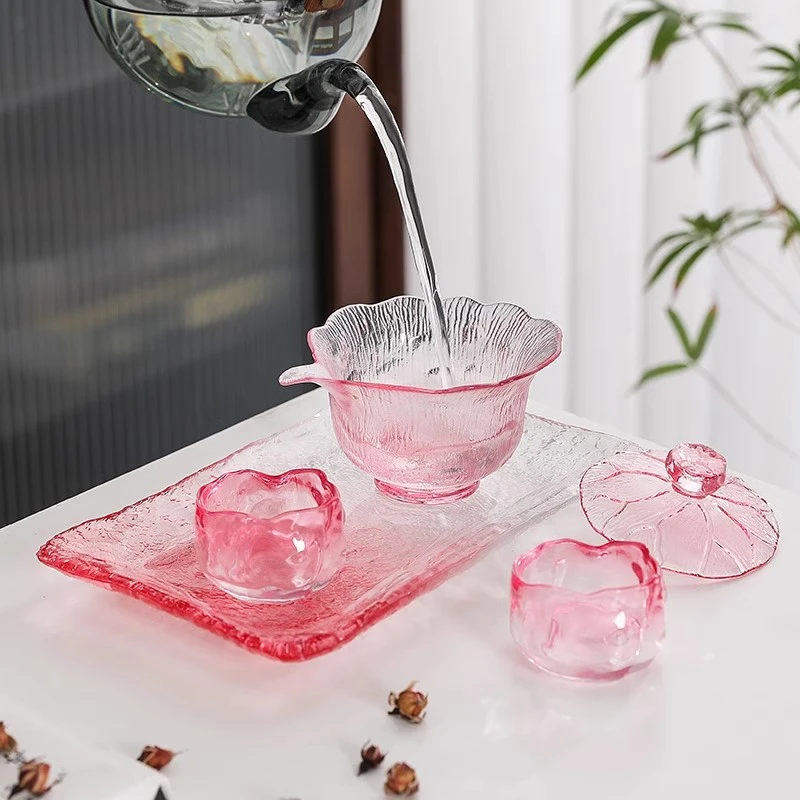 网红透明粉功夫茶具国潮风盖碗琉璃杯女主人杯品茗杯高颜值女茶杯