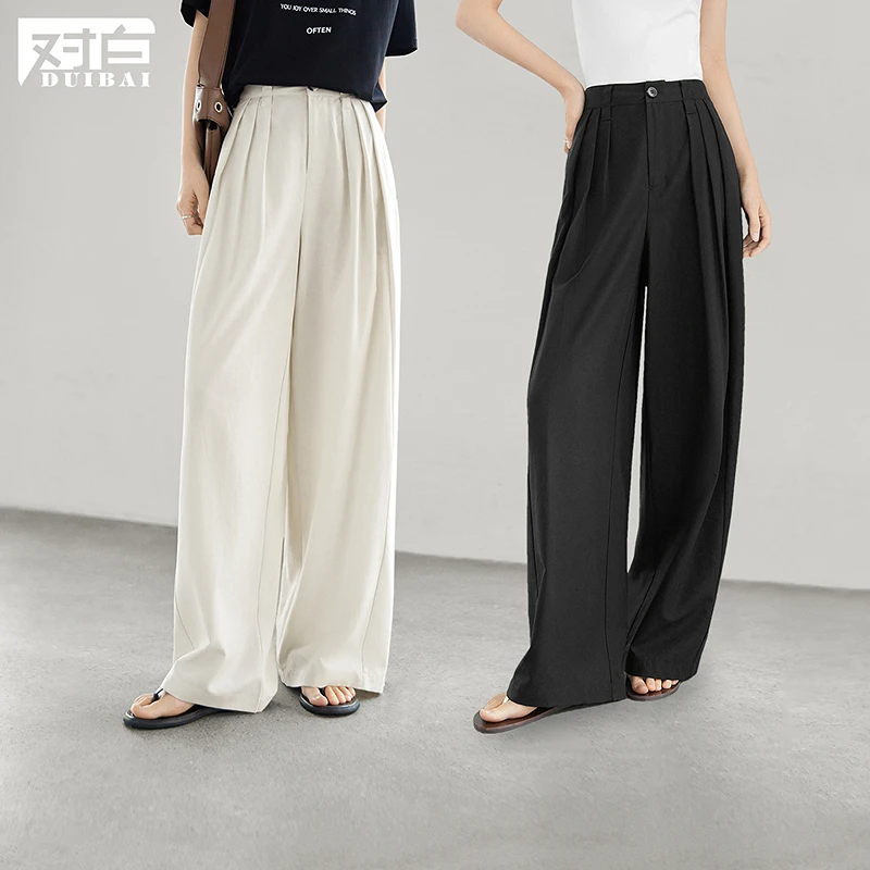 【莱赛尔】对白压褶显瘦直筒西装裤女2025夏新款垂坠感阔腿休闲裤