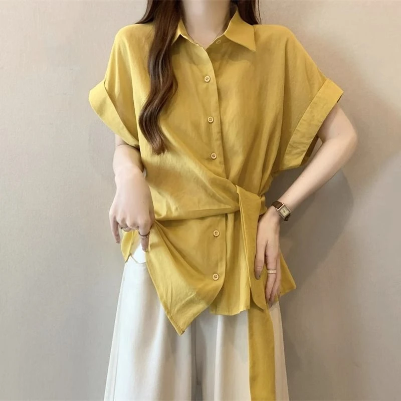不规则系带收腰短袖衬衫女2025夏大码胖mm小飞袖显瘦洋气小衫上衣