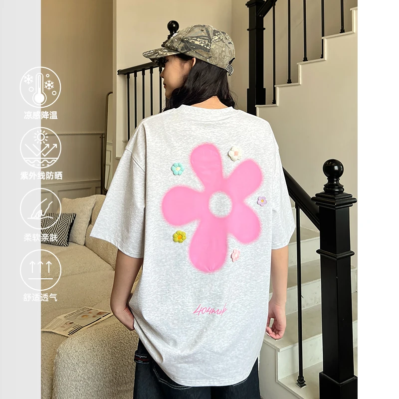 404MOB花朵圆领t恤短袖重磅夏季男女情侣宽松印花情侣半袖冰