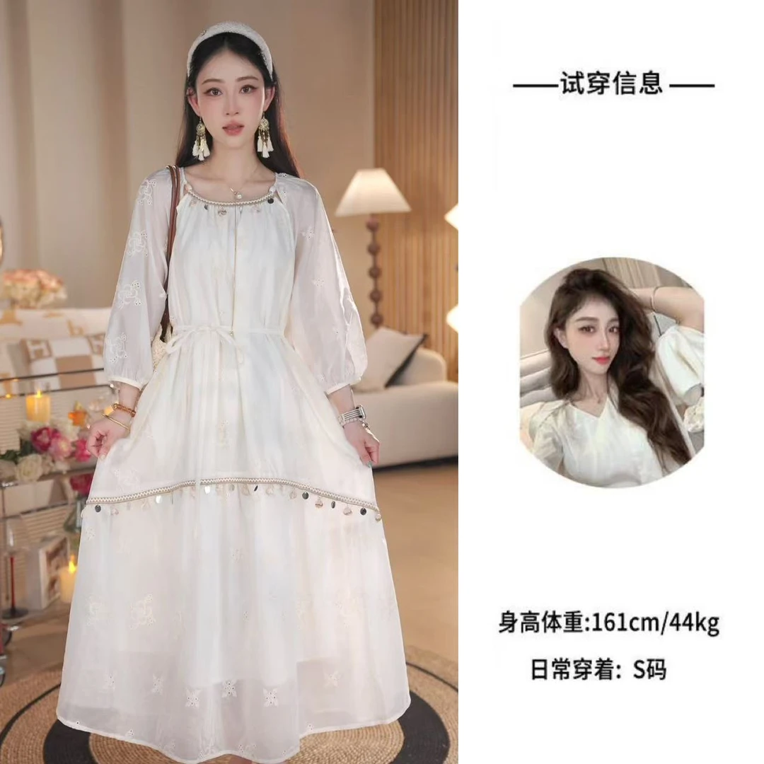 皓哥【夏威夷】6606新款春夏复古简约高级珠片刺绣蕾丝连衣裙