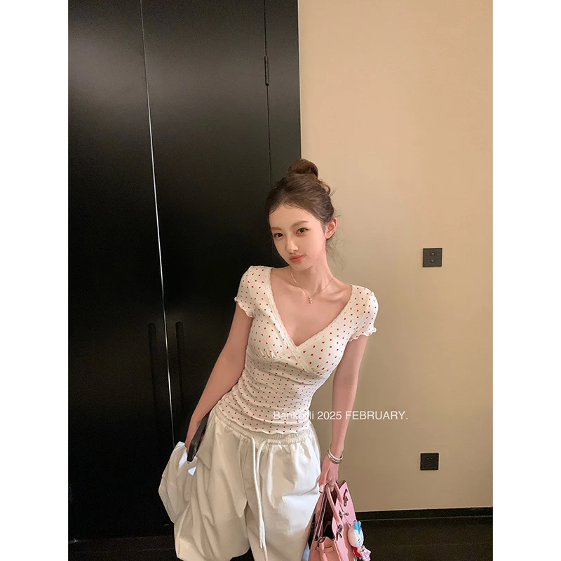 古早小野豹辣妹蕾丝低V领小众豹纹T恤ol内搭女